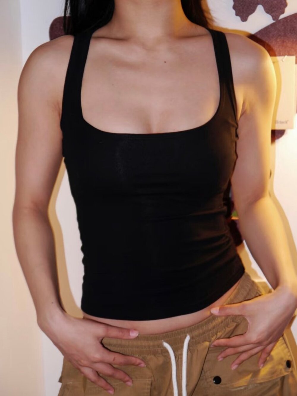 Black Square Neck Tank Top Size M Fitted Ribbed Camisole Brand New